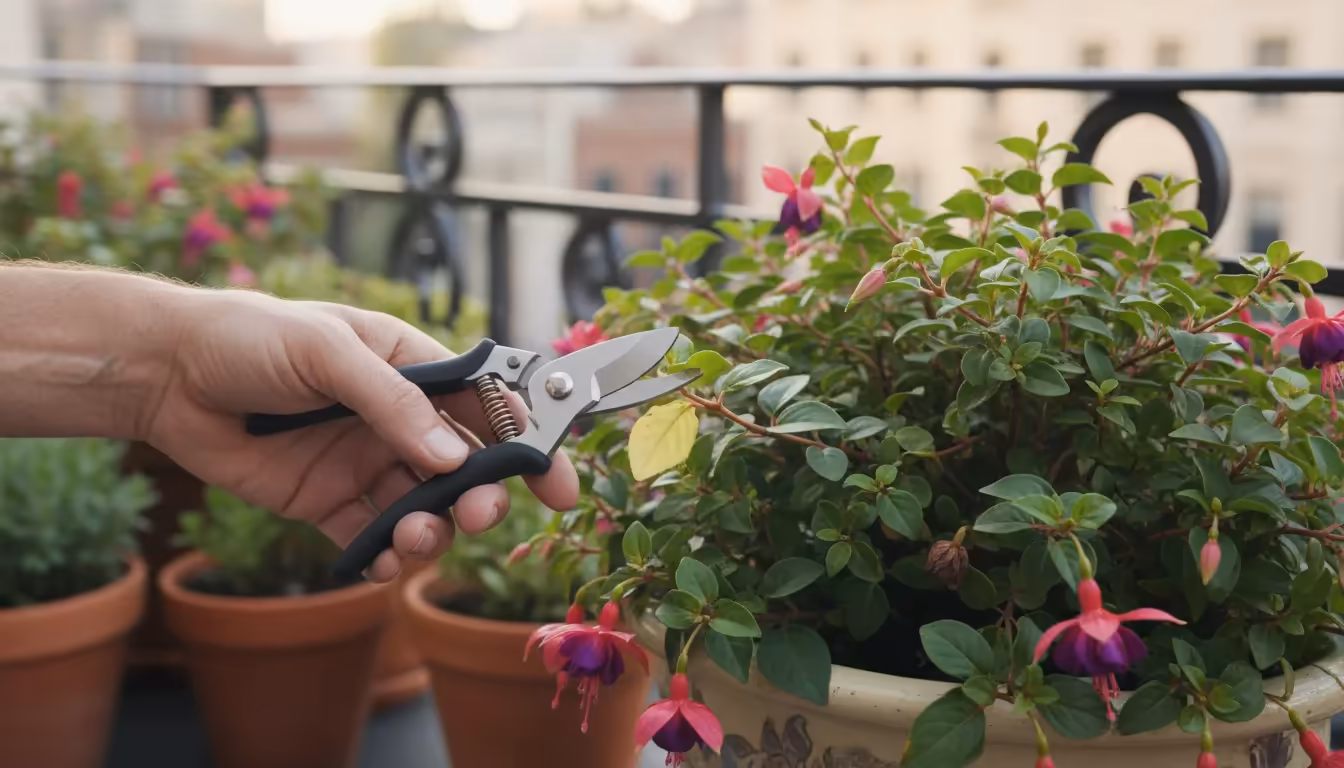 Gardener's hand with pruners poised to snip a small yellowing leaf from a vibrant fuchsia in a terracotta pot on a balcony.