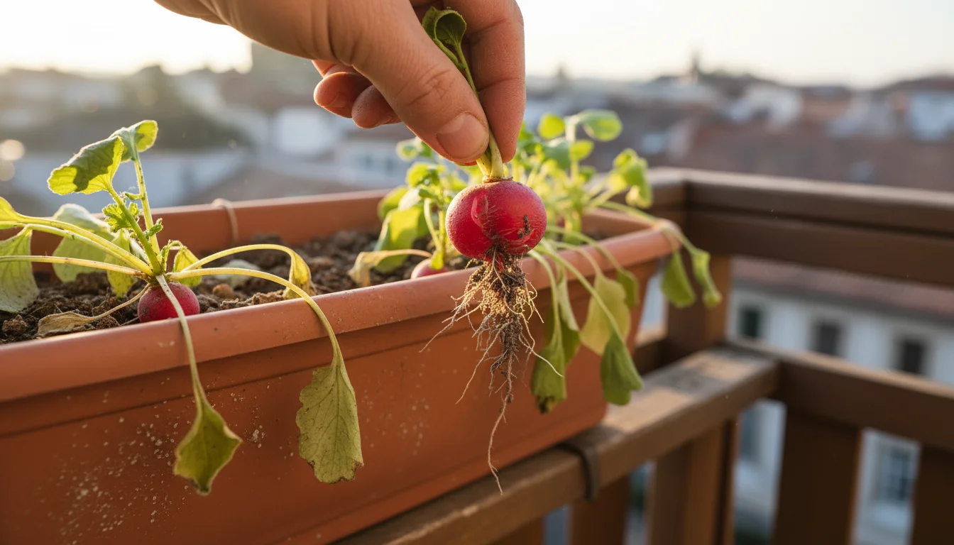 A gardener's hand gently pulls a cracked and woody red radish from visibly dry, crumbly soil in a terracotta window box on a sunny balcony.