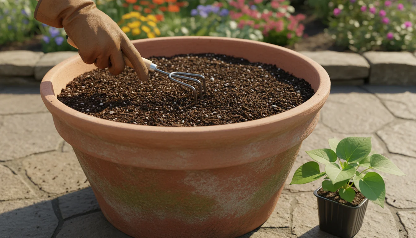A gardener's hand gently rakes dark, crumbly soil in a terracotta pot, with a vibrant green seedling ready for planting beside it.