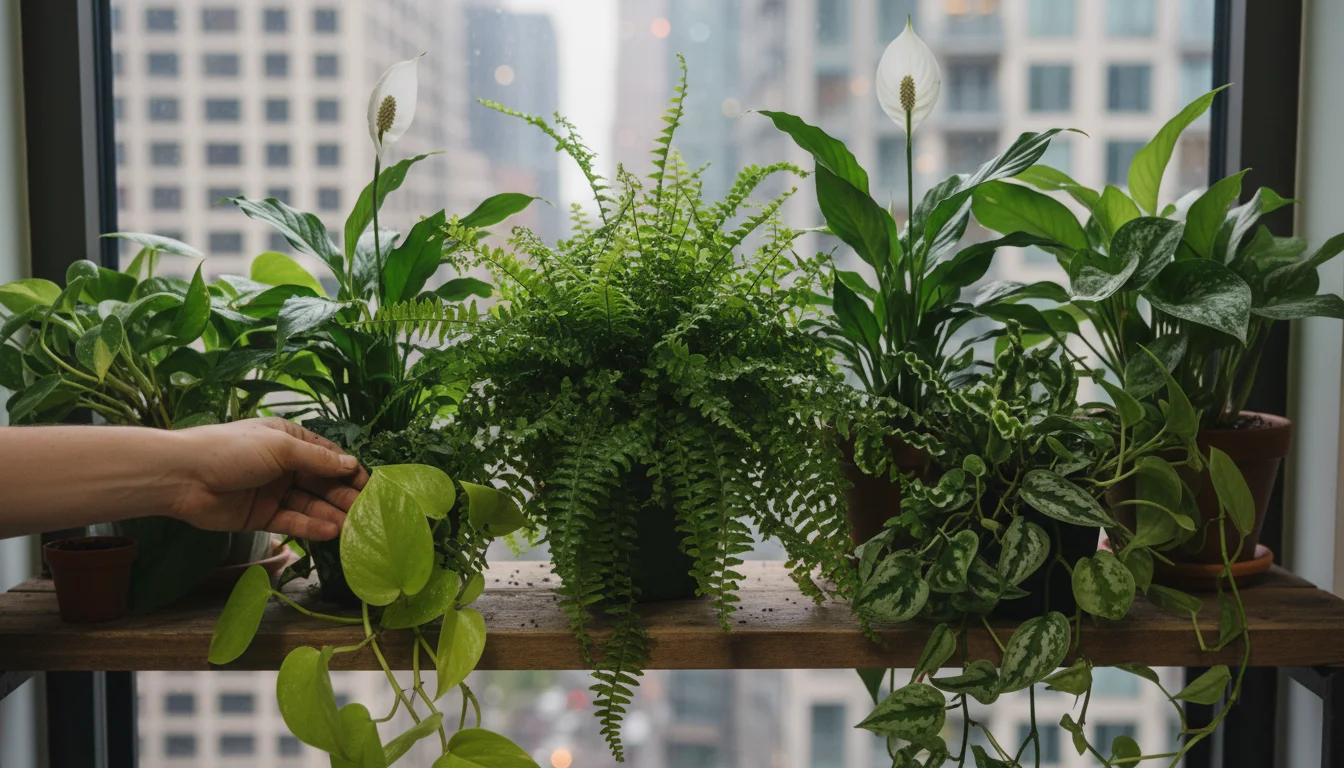 A gardener's hand reaches into a dense group of vibrant houseplants like ferns and peace lilies, tightly packed on a rustic wooden shelf.