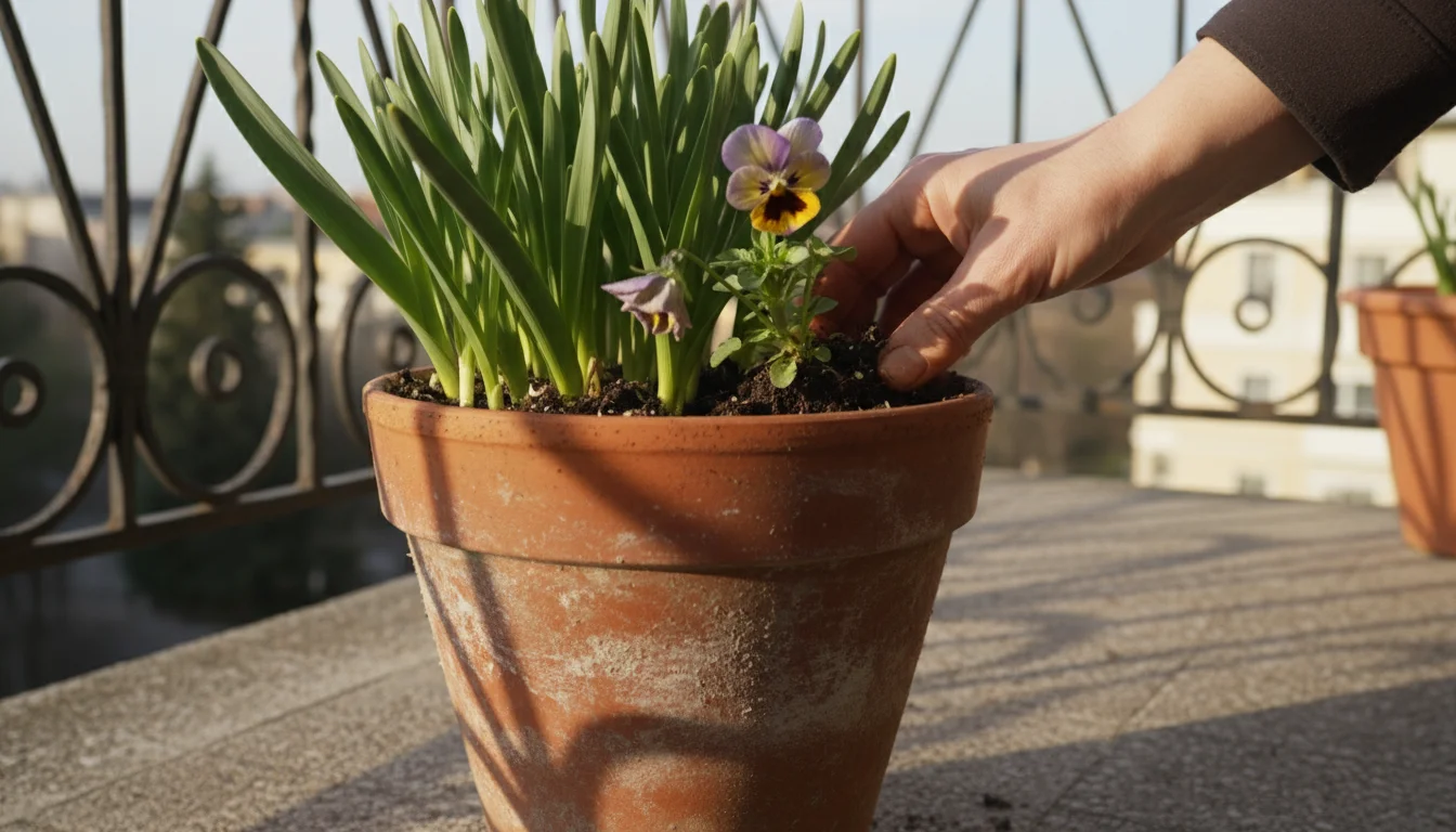 Gardener's hand removes a tired pansy from a terracotta pot with healthy green bulb foliage, new petunias waiting on a sunny balcony.