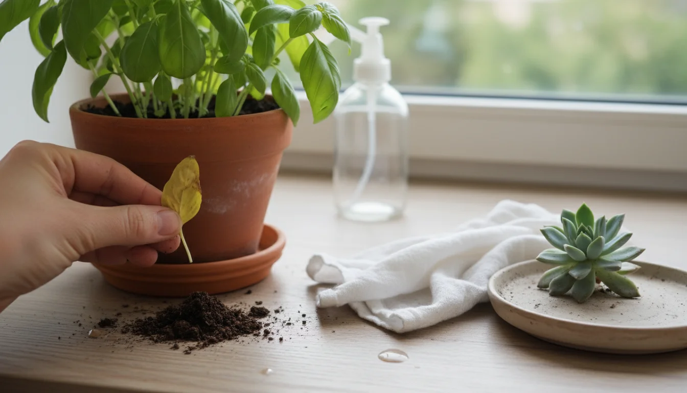 A gardener's hand removes a yellow leaf from a potted basil plant on a clean shelf, with a dry saucer and cleaning cloth visible.
