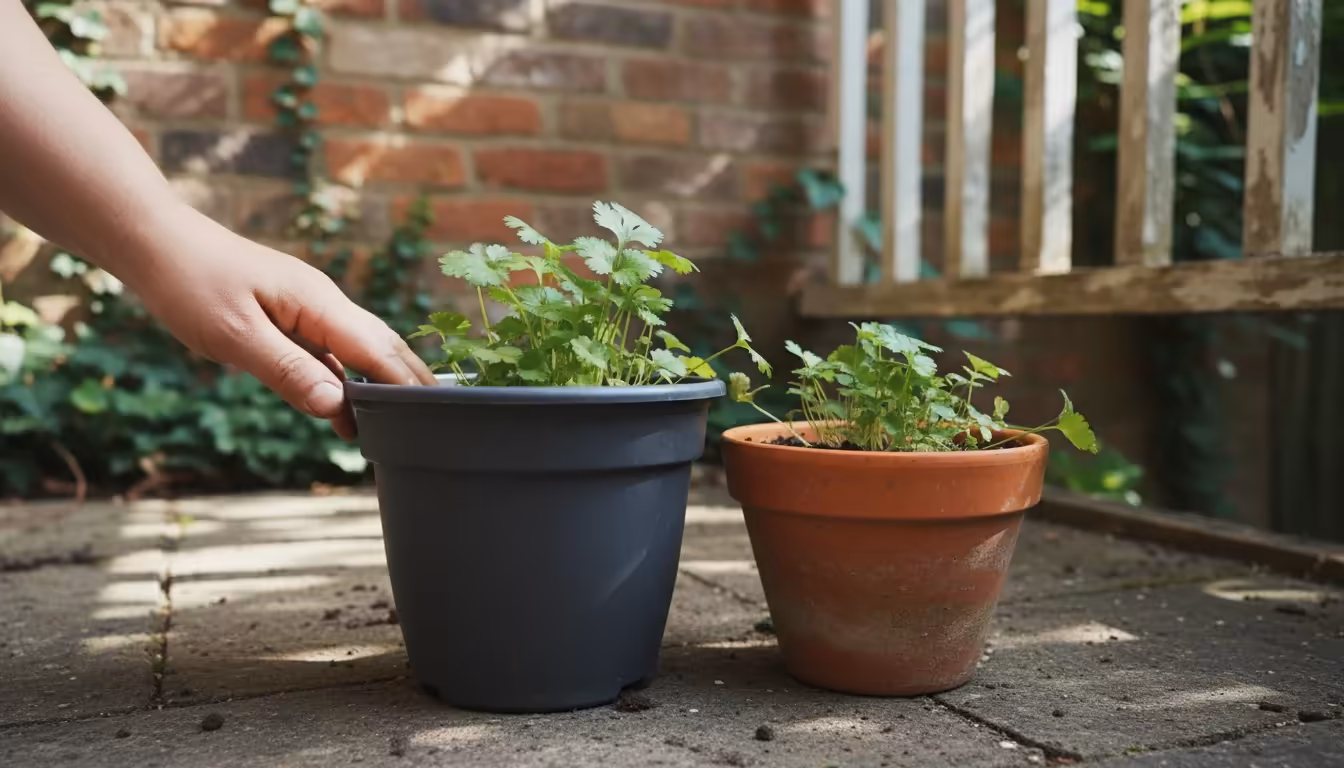 A gardener's hand rests on a deep plastic pot with cilantro, next to a shallower terracotta pot, on a sunny patio.