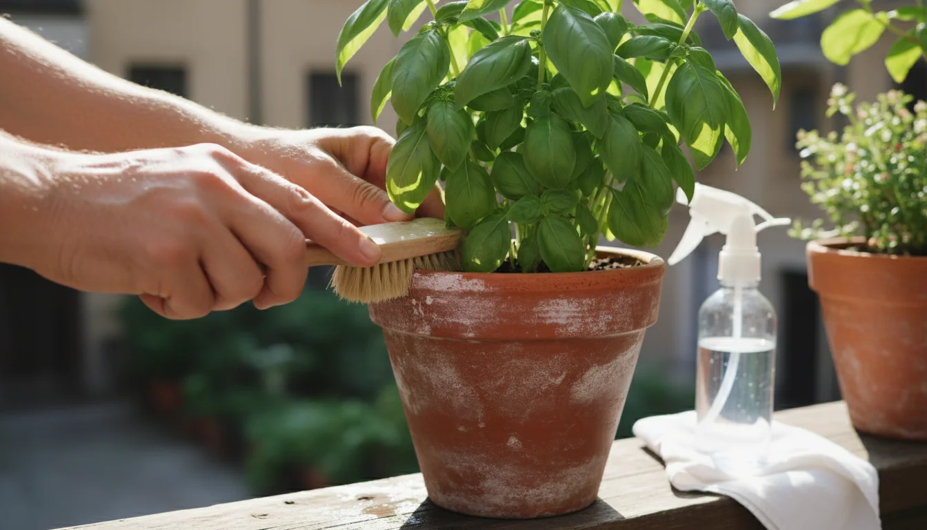A gardener's hand gently scrubs mineral buildup from a terracotta pot with a basil plant on a rustic balcony railing, a spray bottle rests nearby.