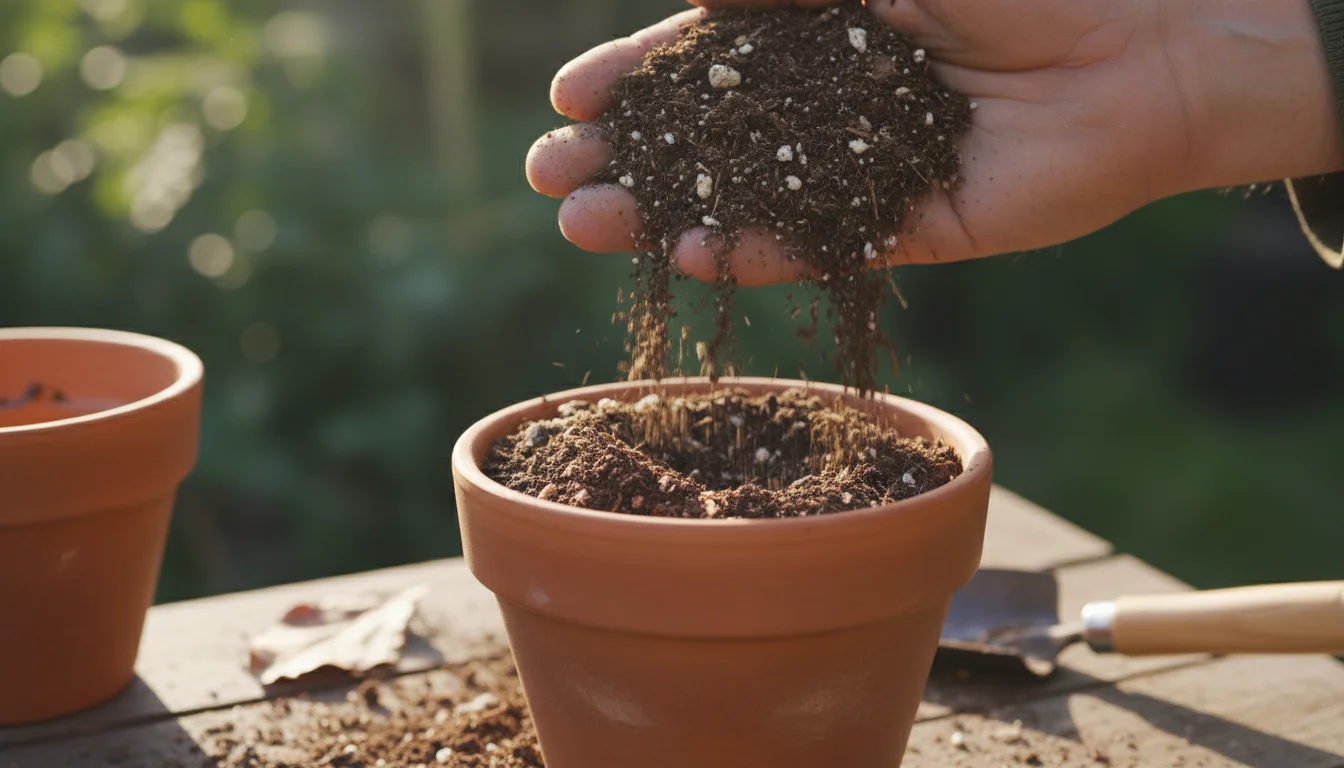 Close-up of a gardener's hand sifting dark, crumbly potting mix into a terracotta pot on a sunny balcony.