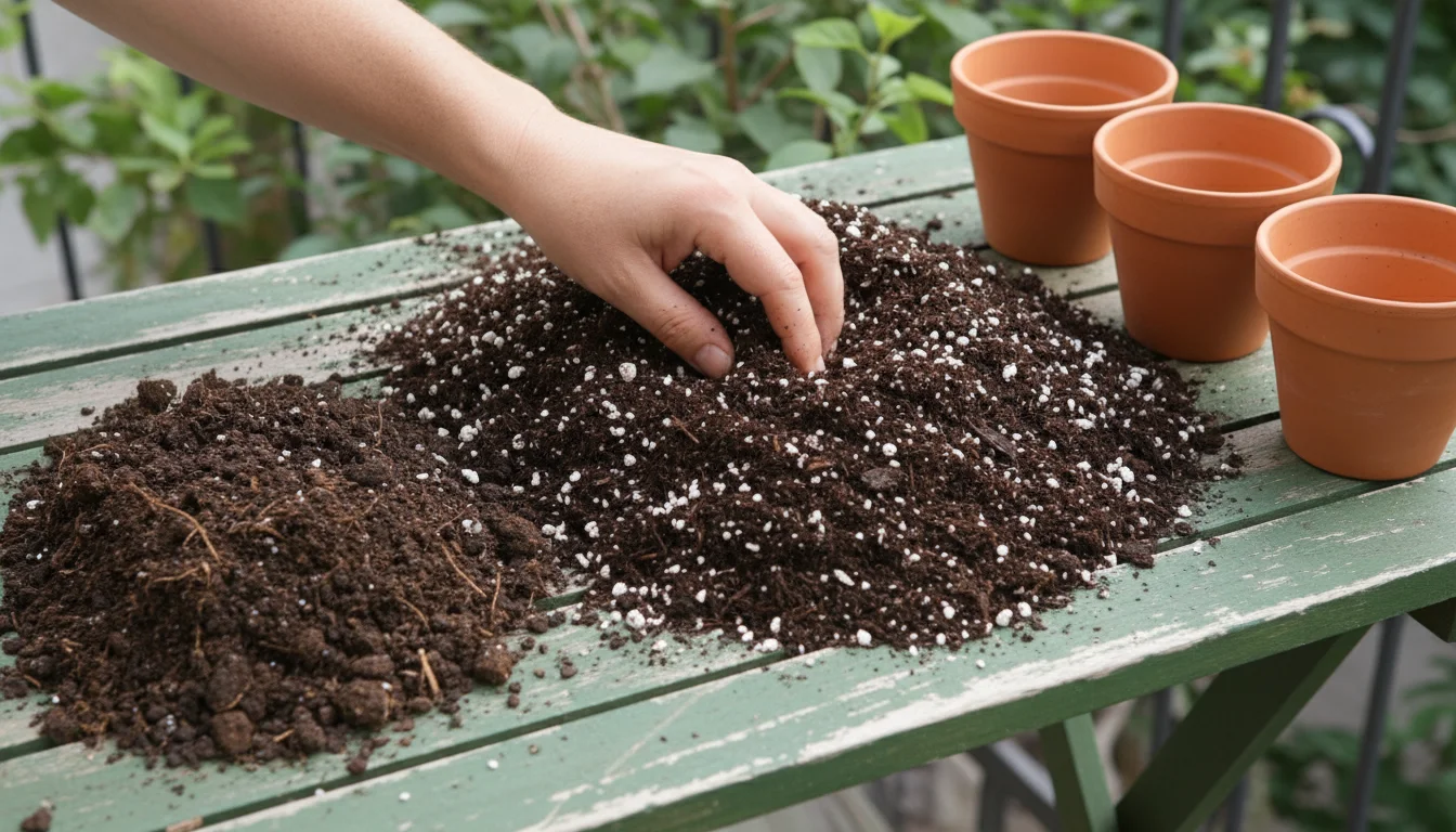 Overhead shot of a gardener's hand sifting light, airy potting mix, contrasted with a dense pile of garden soil on a balcony table.
