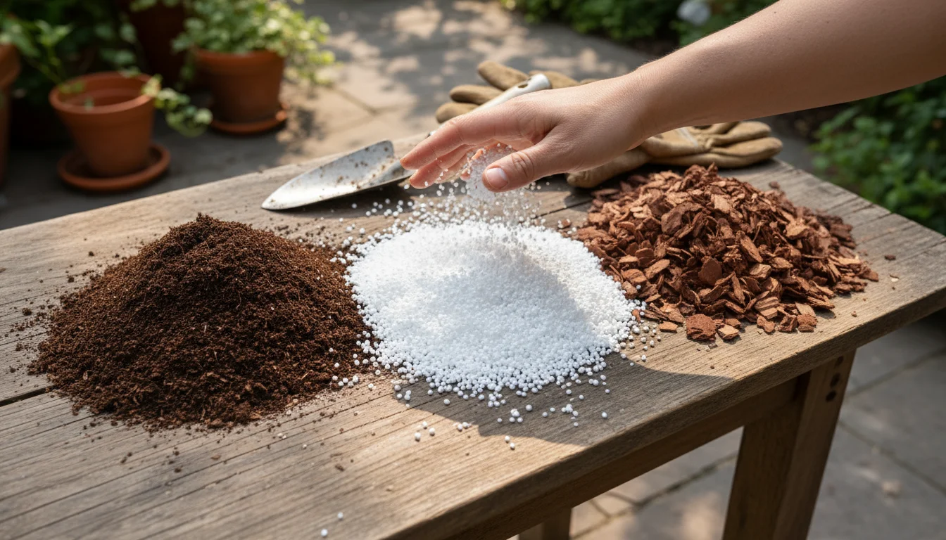 A gardener's hand sifts white perlite among piles of dark peat mix and chunky orchid bark on a potting table, demonstrating airy soil components.
