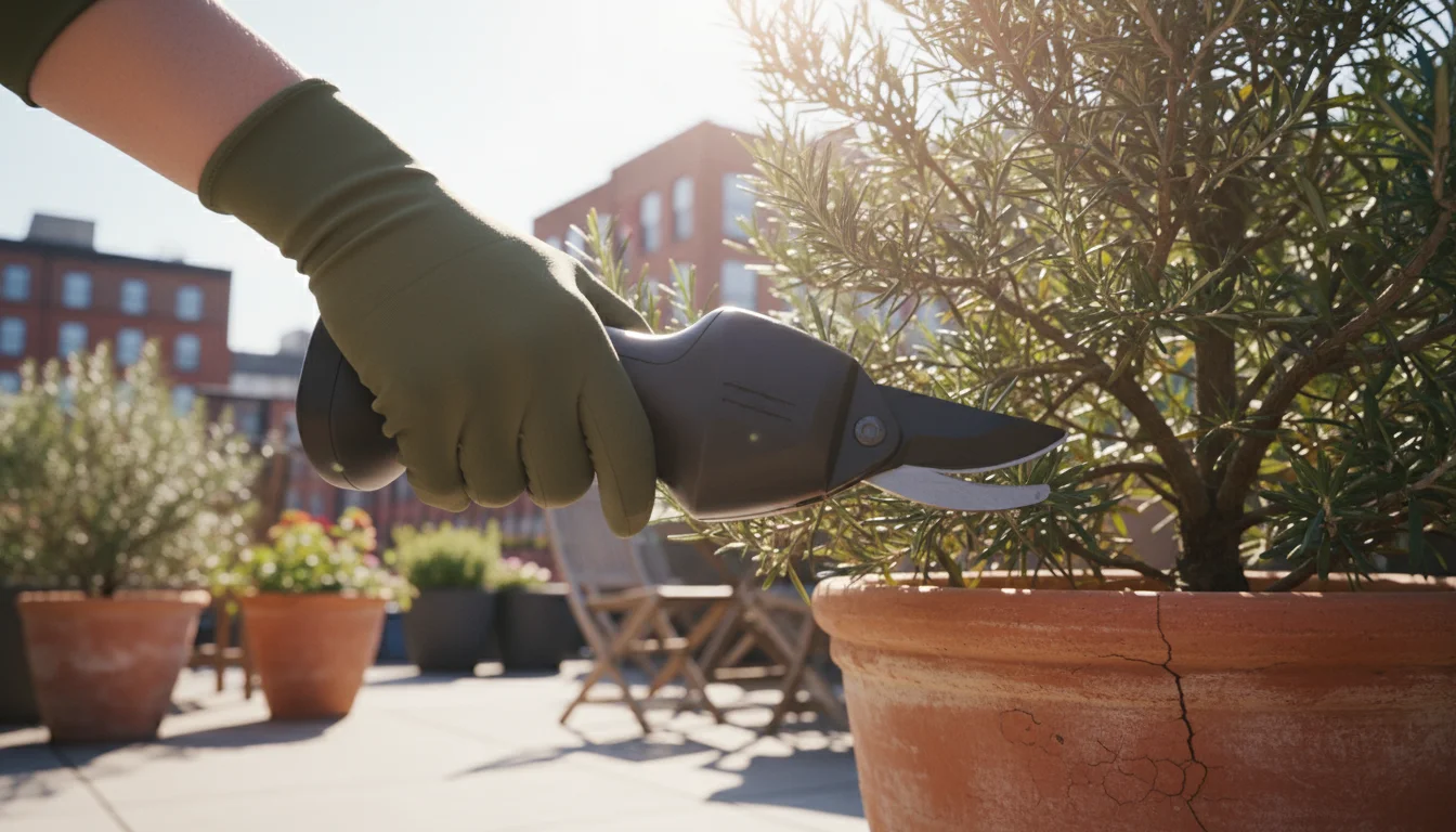 Close-up of a gardener's hand in a snug-fitting fabric glove, using a small battery-powered pruner to trim a dense rosemary plant on a sunny patio.