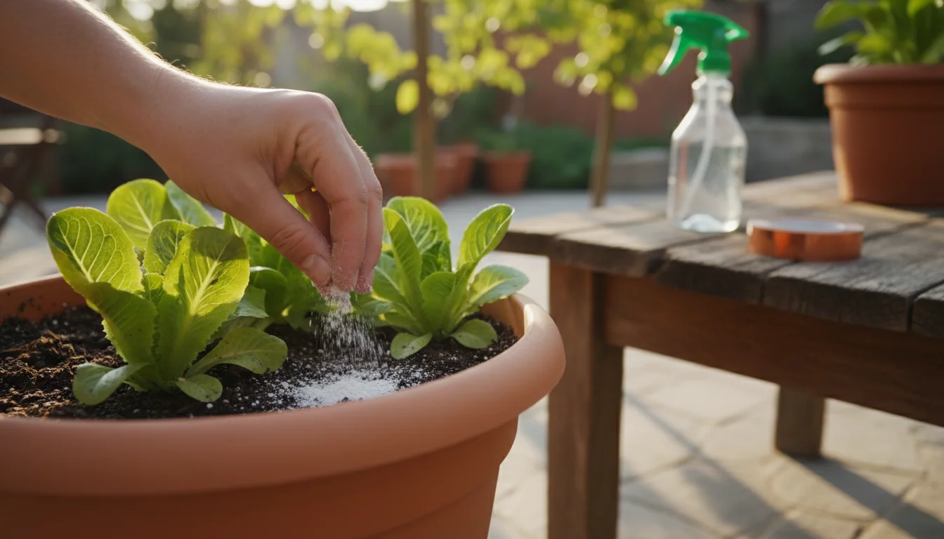 A gardener's hand gently sprinkles diatomaceous earth around vibrant green lettuce in a terracotta pot on a sunny patio.