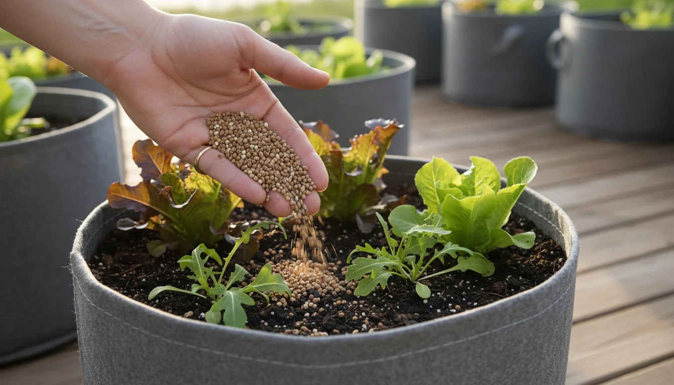 A gardener's hand sprinkles granular fertilizer into a grey fabric grow bag overflowing with healthy, mixed salad greens on a sunny patio.