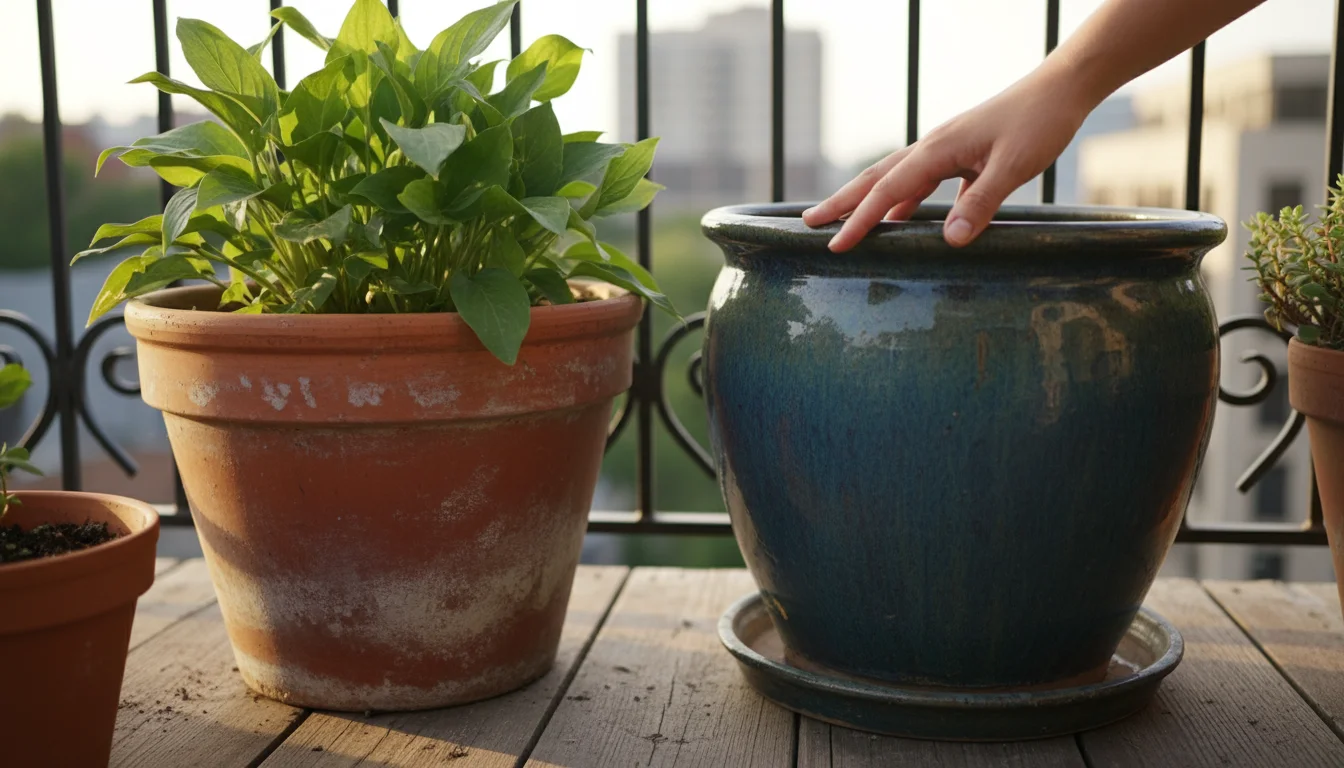 Elevated view of a gardener's hand on a wide, squat terracotta pot next to a heavy ceramic pot on a wooden balcony.