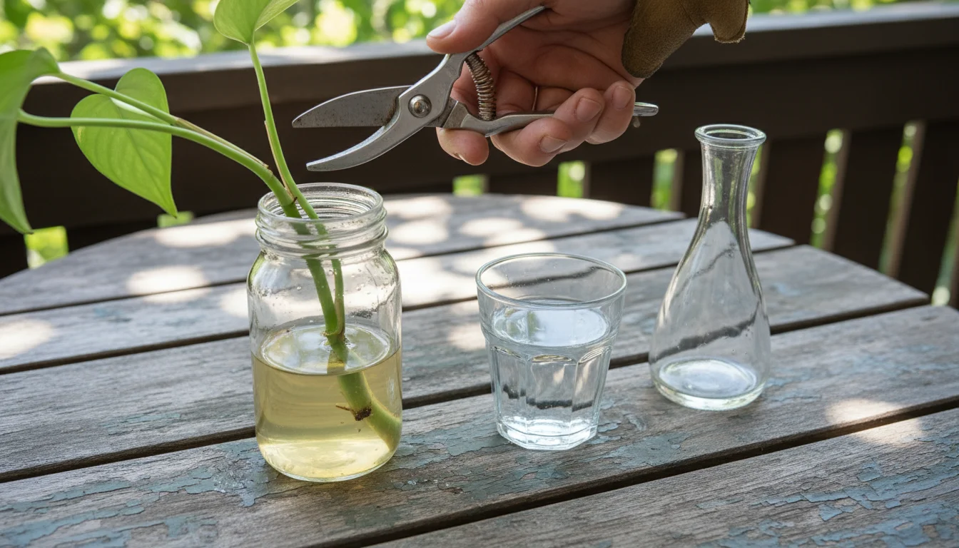 Gardener's hand with sterilized snips poised to recut a plant cutting showing stem rot in a glass propagation jar, with fresh water ready.