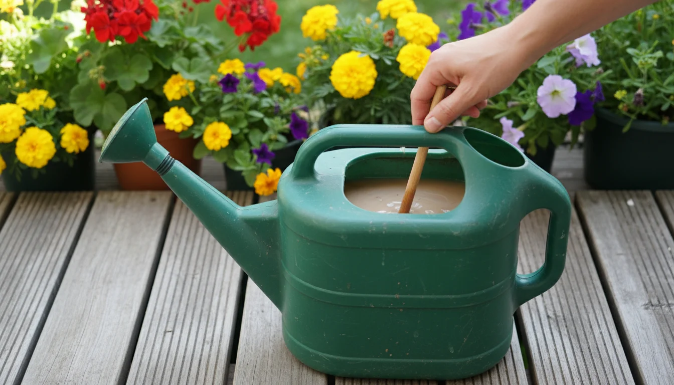 A gardener's hand gently stirs a faintly cloudy, diluted liquid fertilizer in a well-loved green watering can, with container plants in the soft backg
