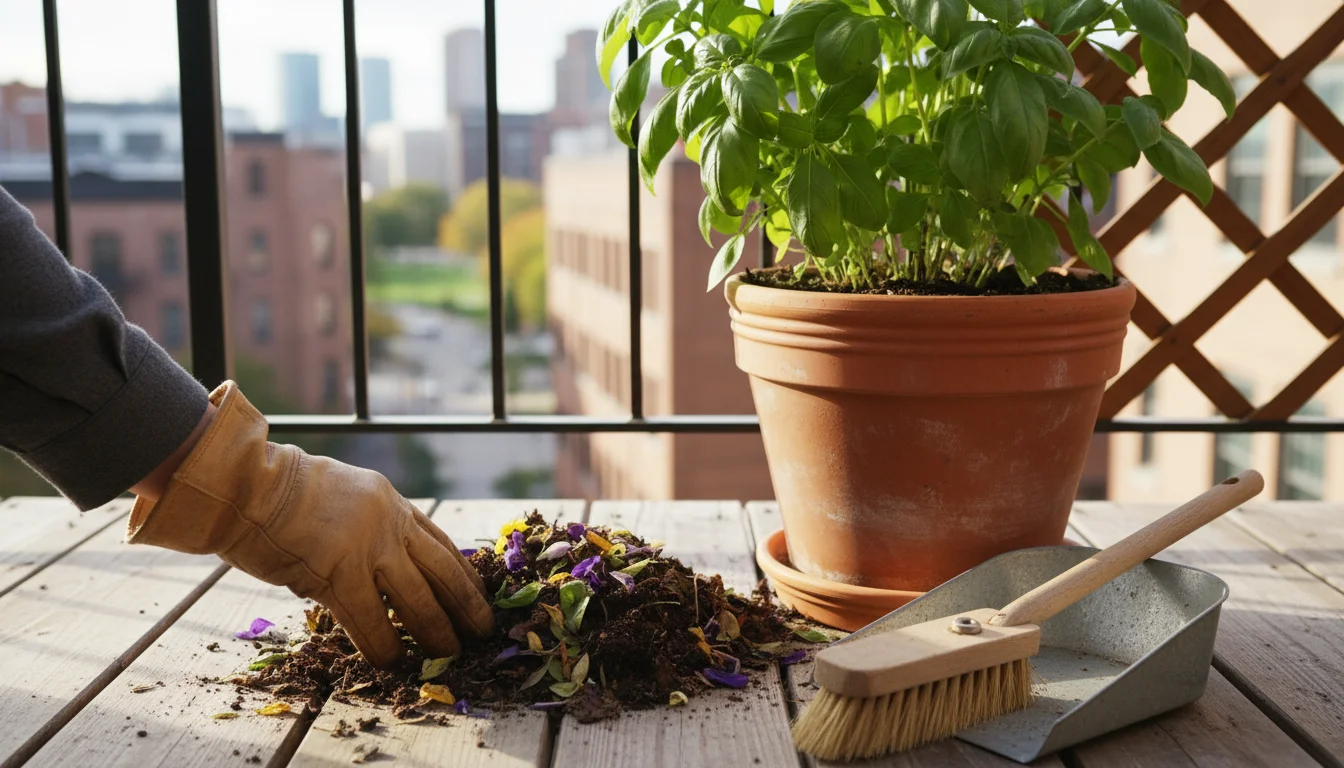 A gardener's hand sweeps damp leaves and debris from around a potted herb on a balcony.