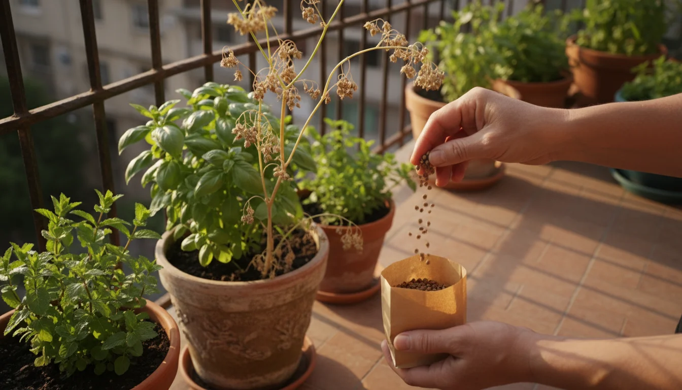 A gardener's hand gently taps dried cilantro seed heads on a balcony, collecting seeds into a small paper bag among other green herbs.