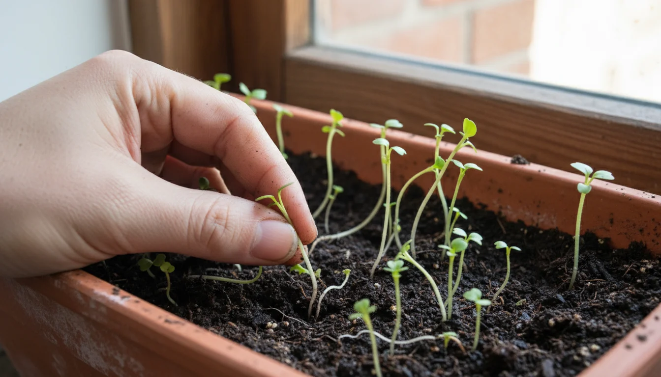 A gardener's hand thinning overcrowded radish seedlings in a terracotta window box, revealing a tiny seedling with a stringy root.