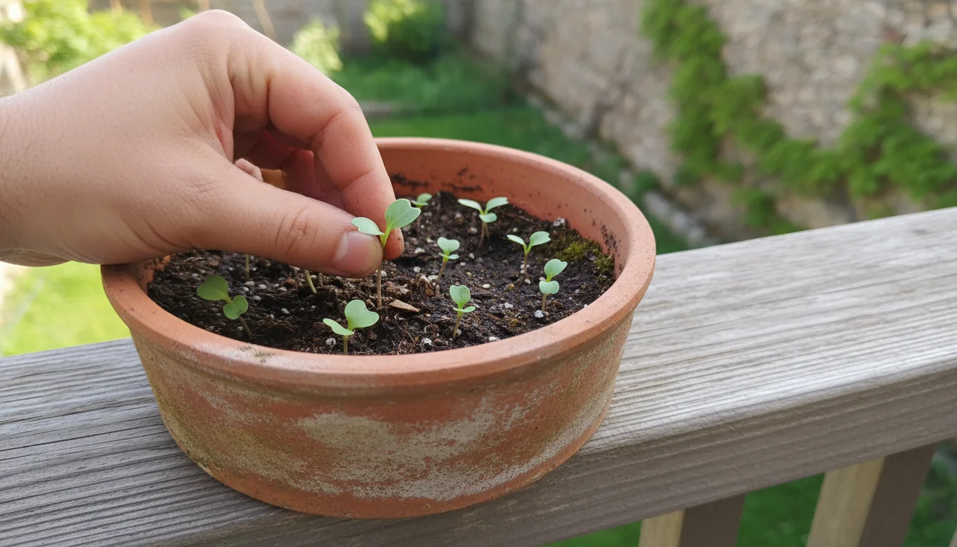 A gardener's hand thins tiny kohlrabi seedlings in a terracotta pot on a balcony railing, ensuring proper spacing for growth.