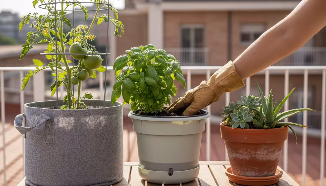 A gardener's hand touches soil in a light plastic pot, surrounded by healthy plants in fabric and terracotta pots on a sunny patio.