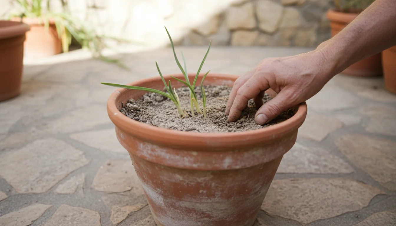 A close-up of a gardener's hand gently touching the dry soil in a terracotta pot with sparse, pale green foliage and no blooms.