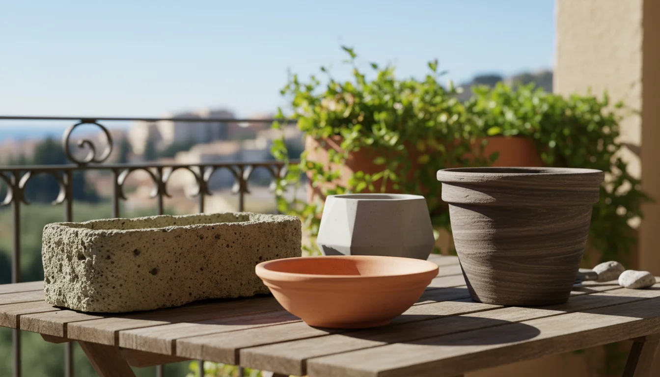 A gardener's hand gently touching a hypertufa trough, surrounded by empty concrete, terra cotta, and resin pots on a sunny balcony.