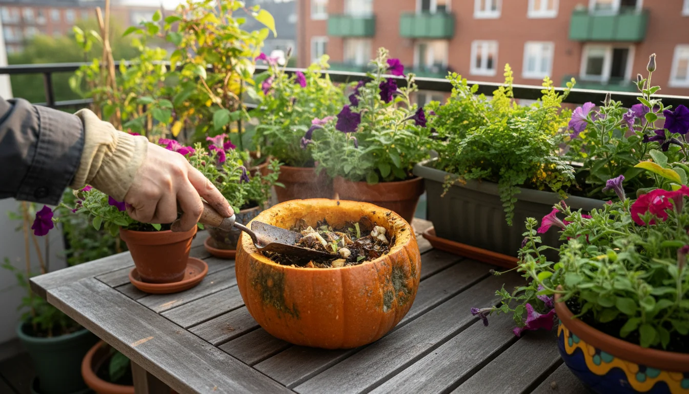 Gardener's hand with trowel sifting compost inside a pumpkin on a patio table with container plants.