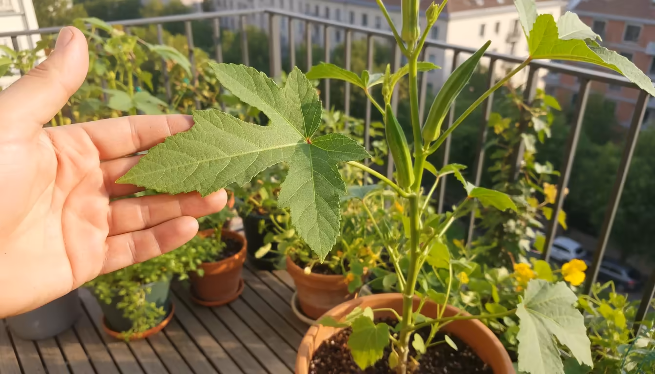 A gardener's hand gently turns an okra leaf on a balcony to inspect its underside, with a tall okra plant blurred in the background.