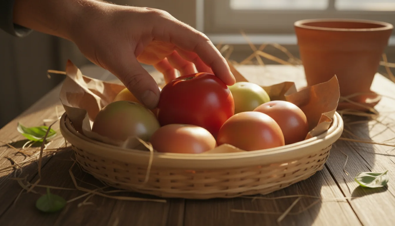 A gardener's hand gently turns a red tomato in a shallow basket with other green and pink tomatoes on a bright windowsill.