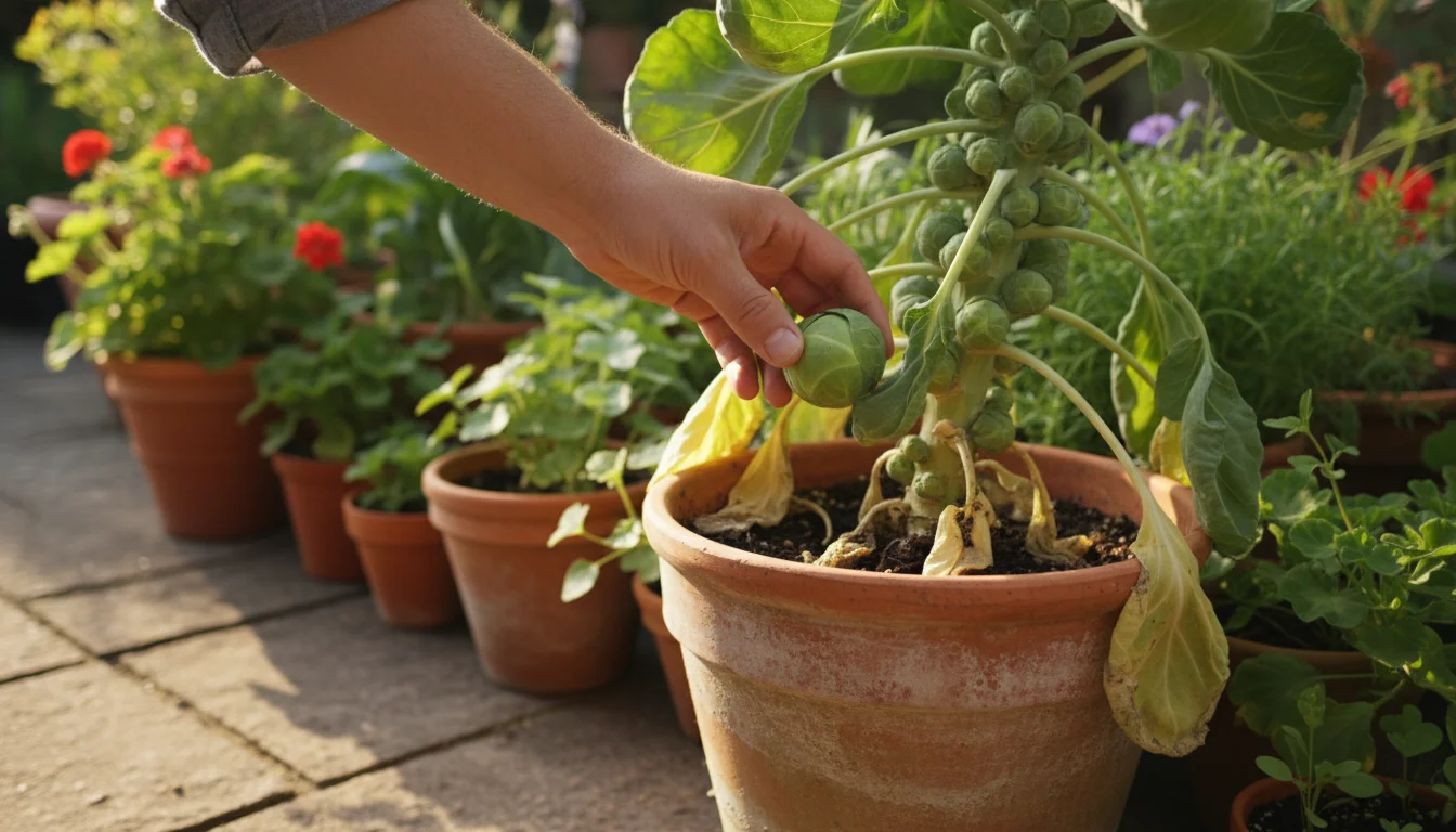 Gardener's hand twists a plump green Brussels sprout from its stalk in a terracotta pot on a sunny patio.