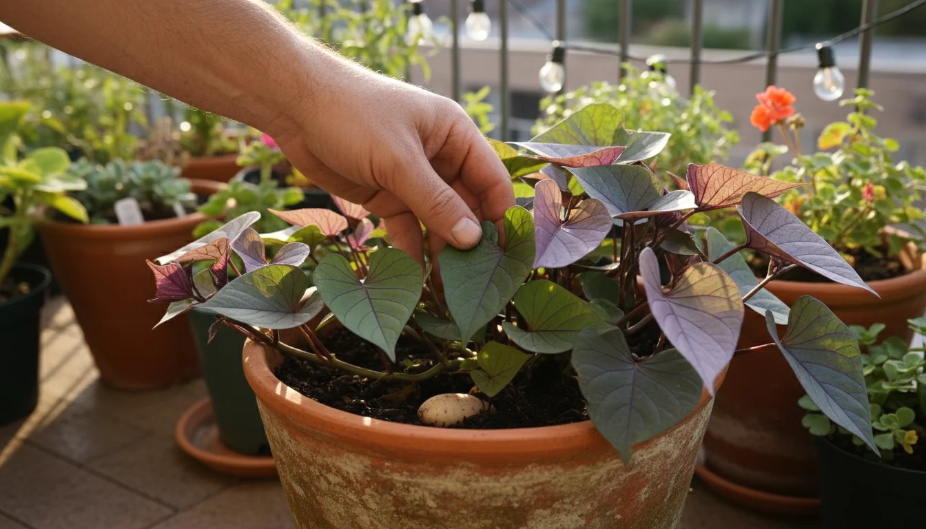 Gardener's hand gently uncovers a small sweet potato emerging from the soil of a vibrant sweet potato vine in a terracotta pot on a sunny balcony.