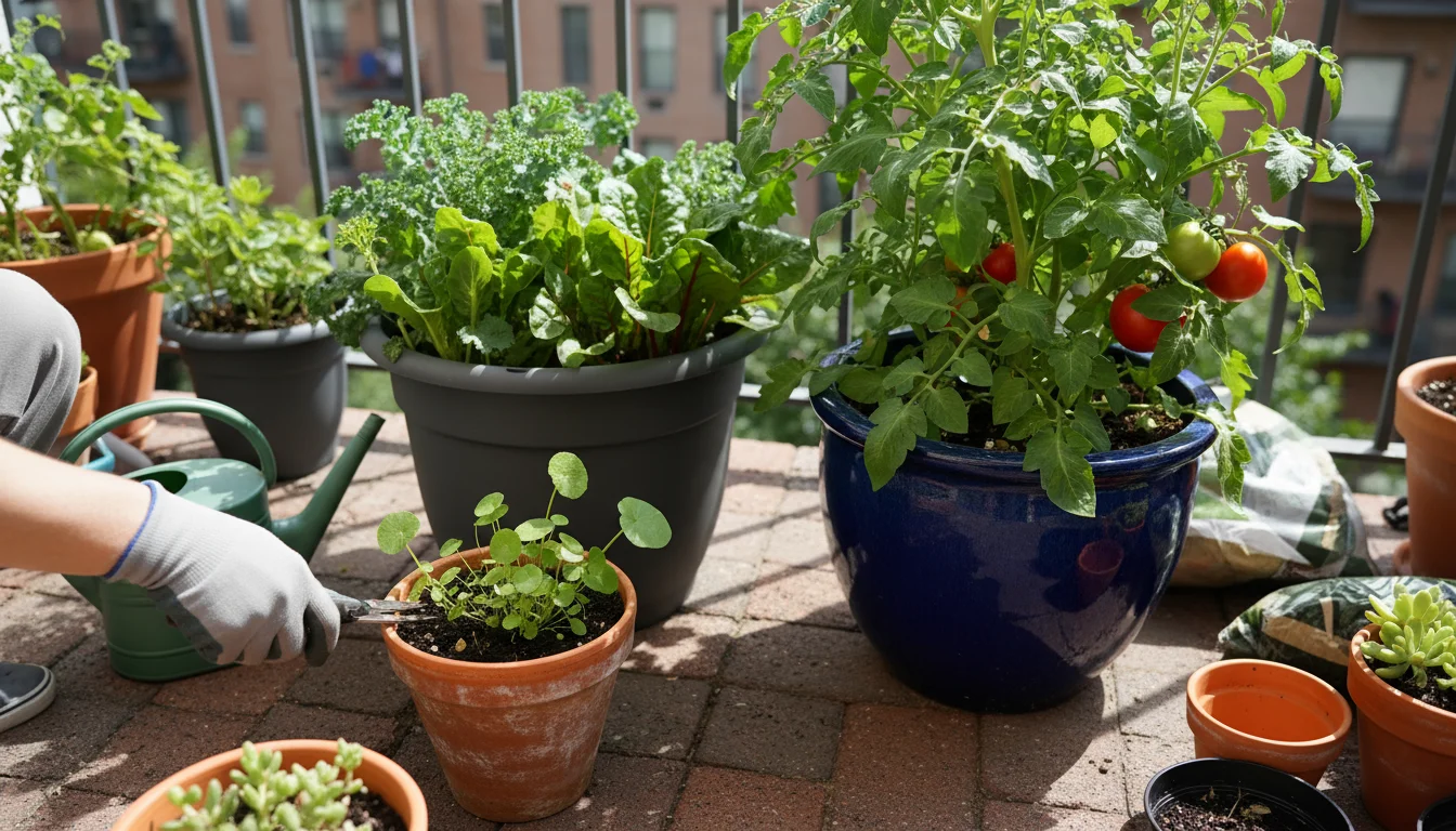 A gardener's hand in an urban patio, tending to a small basil plant in terracotta and a large tomato in a blue glazed ceramic pot, with a resin plante