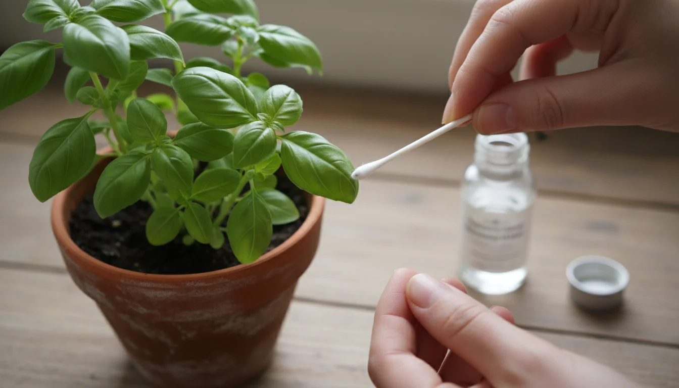 A gardener's hand uses a cotton swab to gently remove a tiny white pest from a green basil leaf in a terracotta pot on a windowsill.