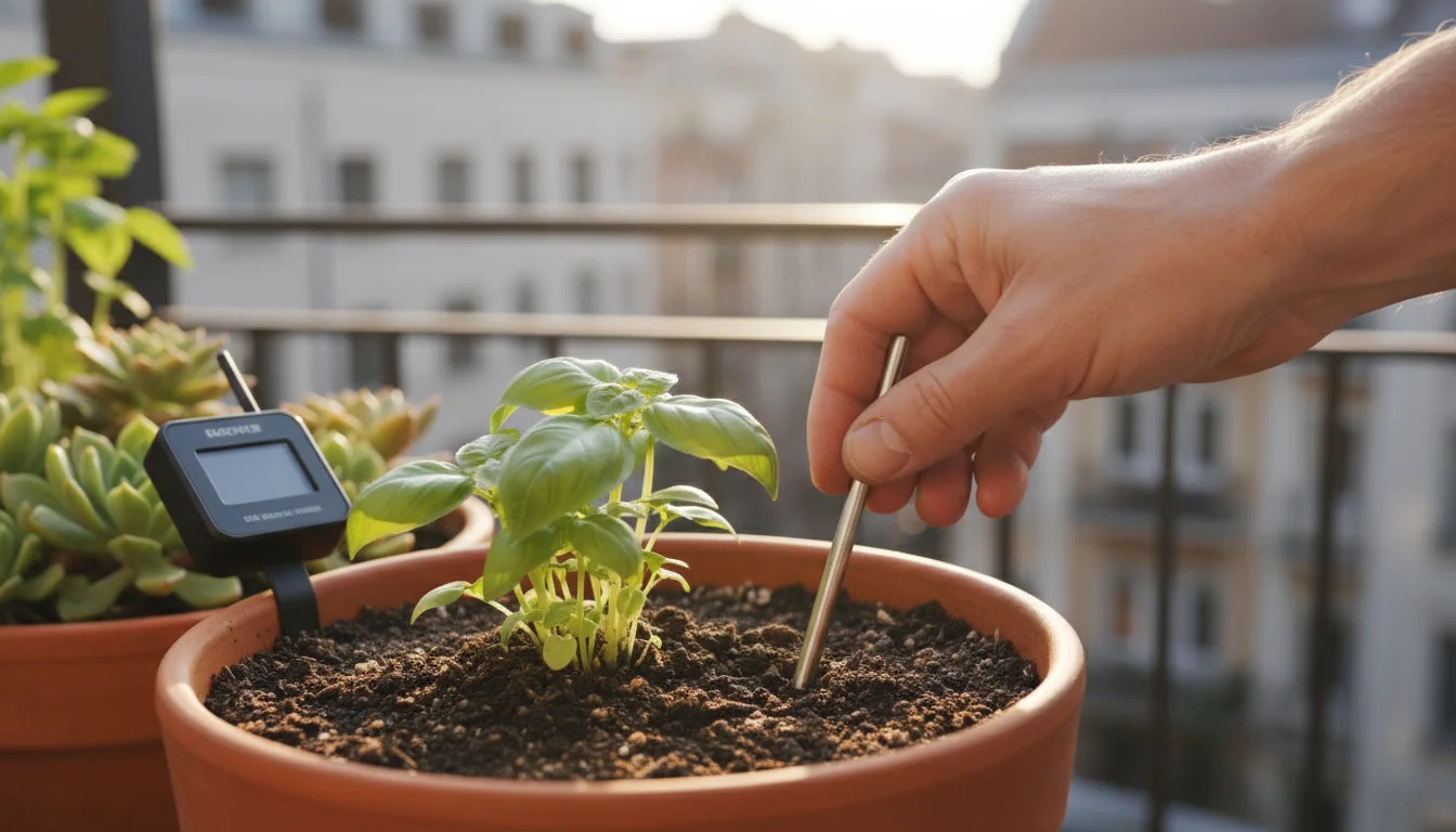 A gardener's hand uses a digital soil temperature sensor in a terracotta pot of basil on a sunny balcony, with a light sensor nearby.