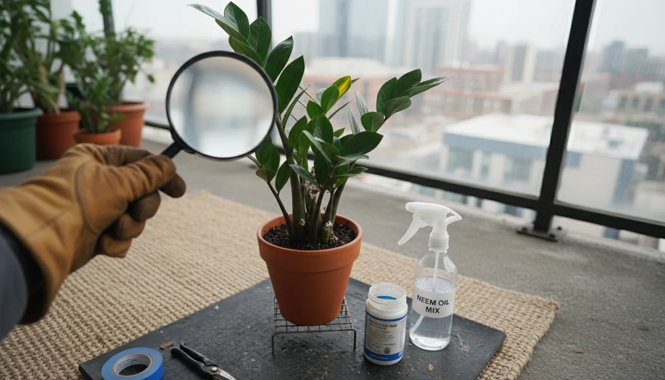 A gardener's hand uses a magnifying glass to inspect a potted plant with subtle yellowing leaves in a compact balcony quarantine area.