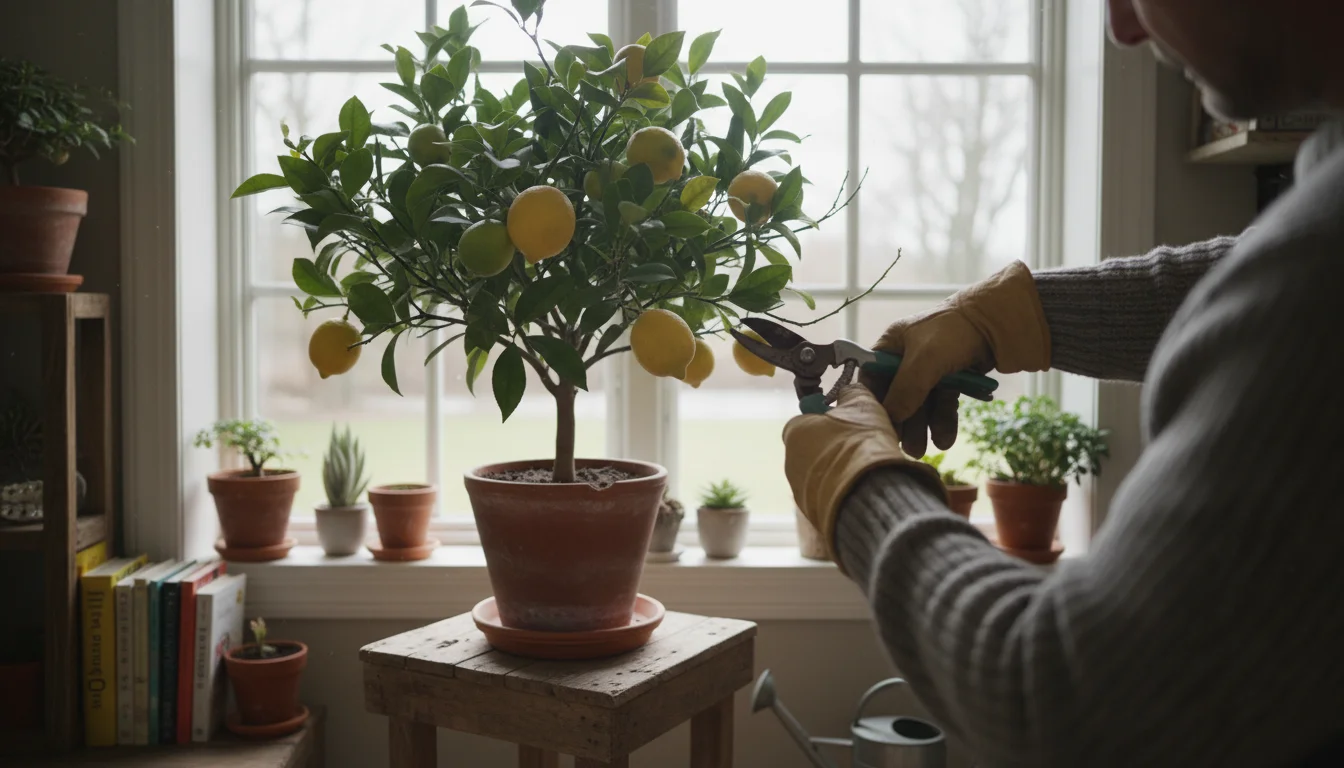 Gardener's hand uses pruners to trim a spindly branch from a potted lemon tree on a wooden stand by a bright window.