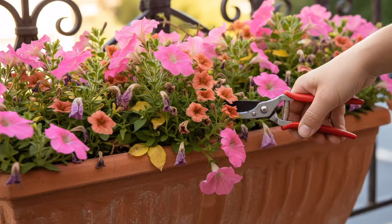 A gardener's hand uses small pruners to deadhead spent flowers and remove yellow leaves from a tired balcony planter filled with petunias.