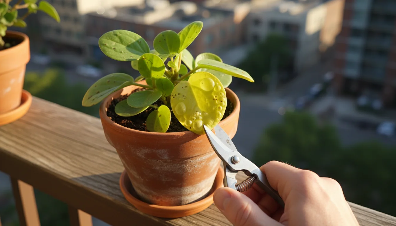 A gardener's hand uses small pruners to remove a severely blistered leaf from a peperomia plant in a terracotta pot on a balcony.