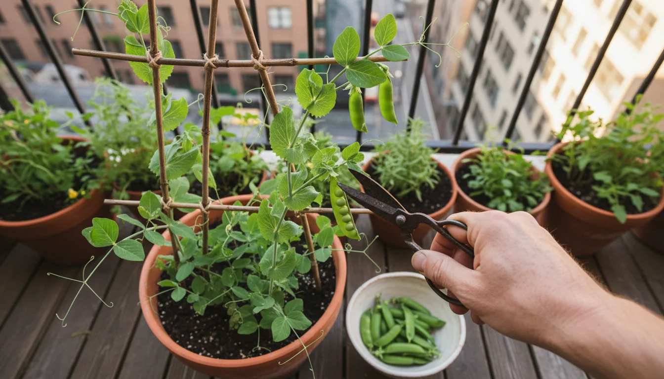 A gardener's hand uses small shears to snip a sugar snap pea pod from a vine growing on a DIY trellis in a terracotta pot. A small bowl of fresh peas 