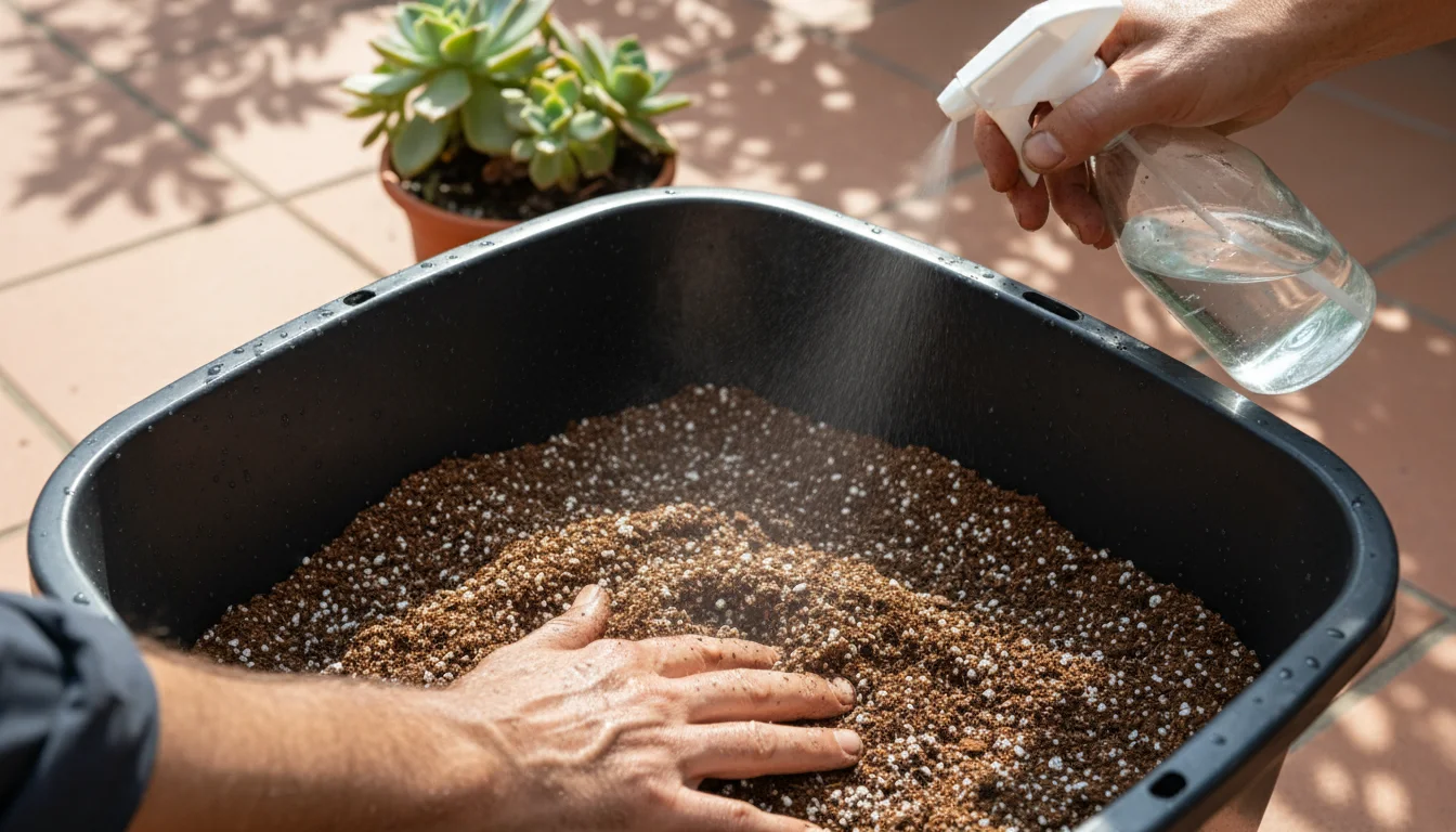 A gardener's hand uses a small spray bottle to mist dry potting mix with visible perlite in a plastic tub.