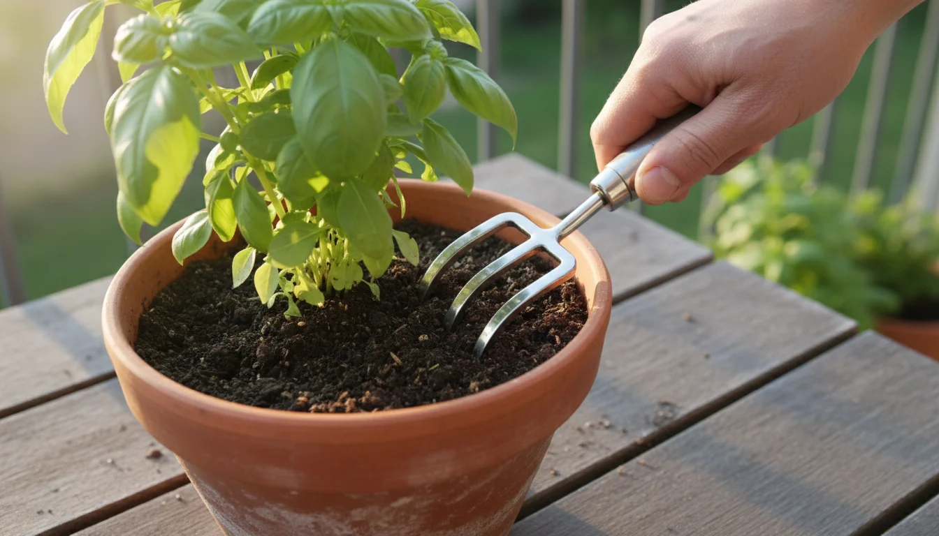Gardener's hand uses a stainless steel hand fork to gently aerate compacted soil in a terracotta pot with a basil plant on a balcony table.