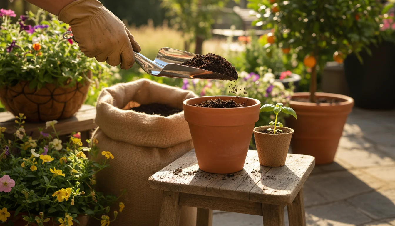 Gardener's hand using a stainless steel hand trowel to scoop potting mix into a terracotta pot on a sunny patio, with blurred container plants in back