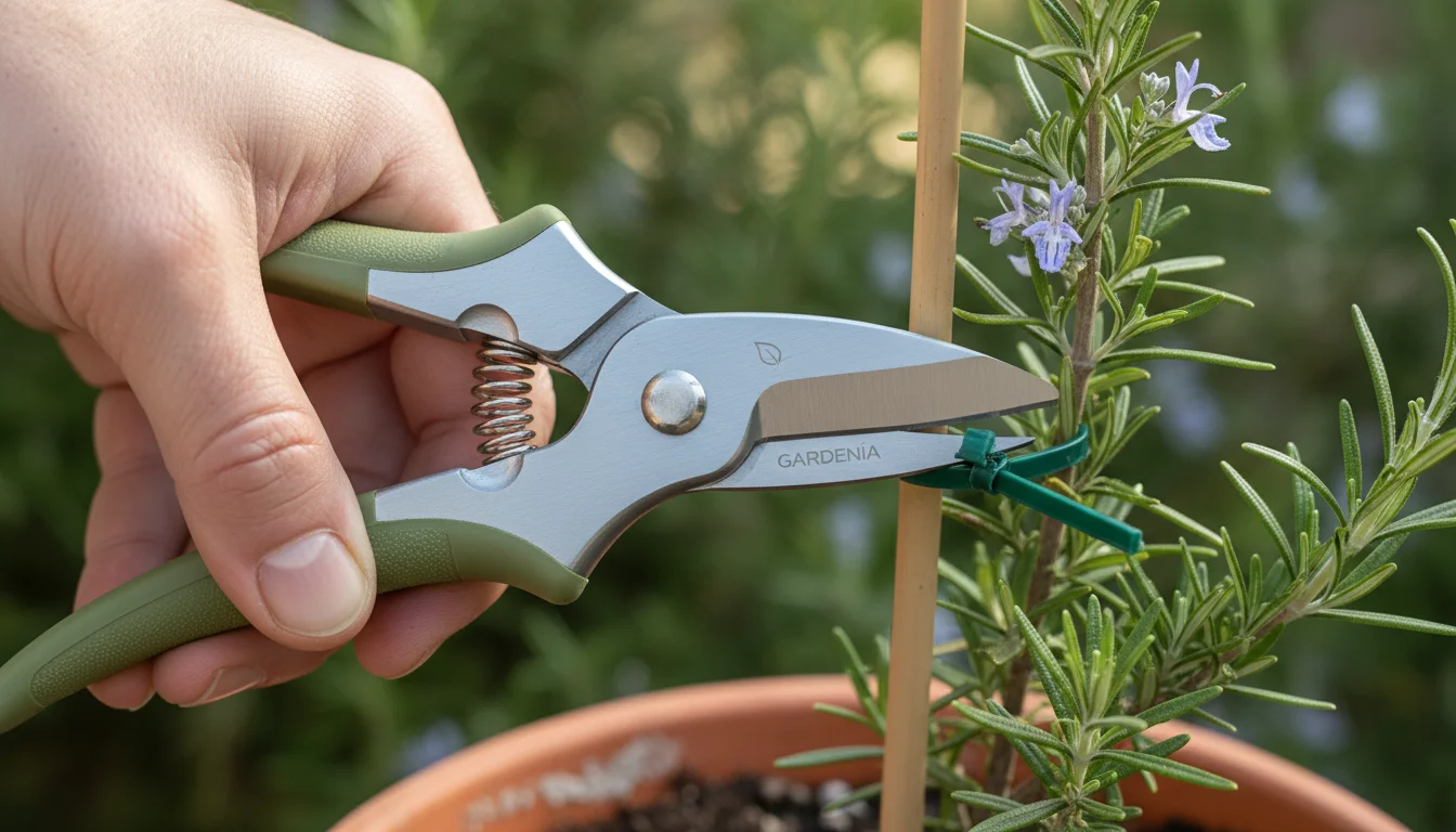 Close-up of a gardener's hand using the wire-cutting notch of bypass pruners to snip a green garden tie on a rosemary plant. A sap groove is visible o