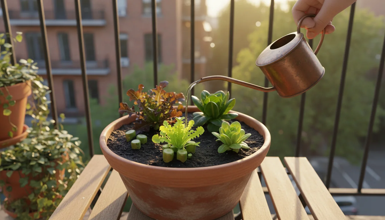 Gardener's hand watering a terracotta pot of recently harvested cut-and-come-again lettuce on a sunny balcony, showing new shoots emerging.