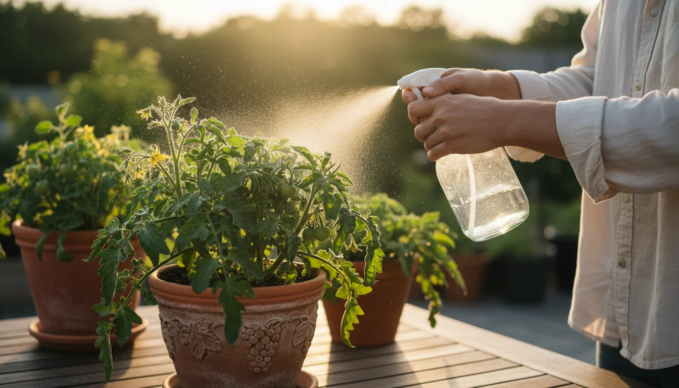 Close-up of gardener's hands actively misting a container tomato plant with water from a spray bottle on a sunlit patio, controlling common pests.