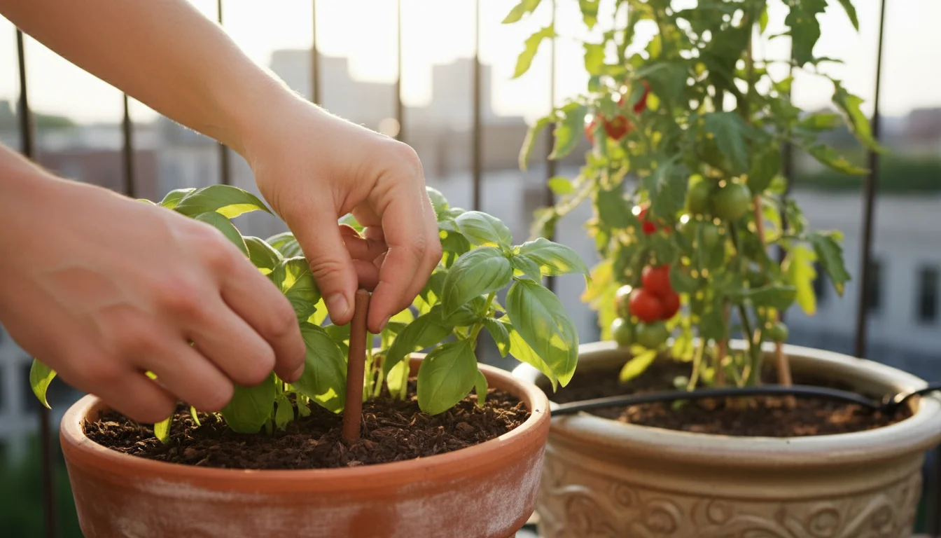 Gardener's hands adding fertilizer to a mulched basil pot, with a drip-irrigated tomato plant blurred in the background on a balcony.