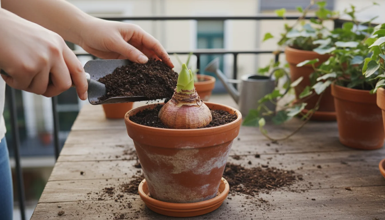 Gardener's hands adding soil to a terracotta pot with an Amaryllis bulb showing a tiny green sprout.