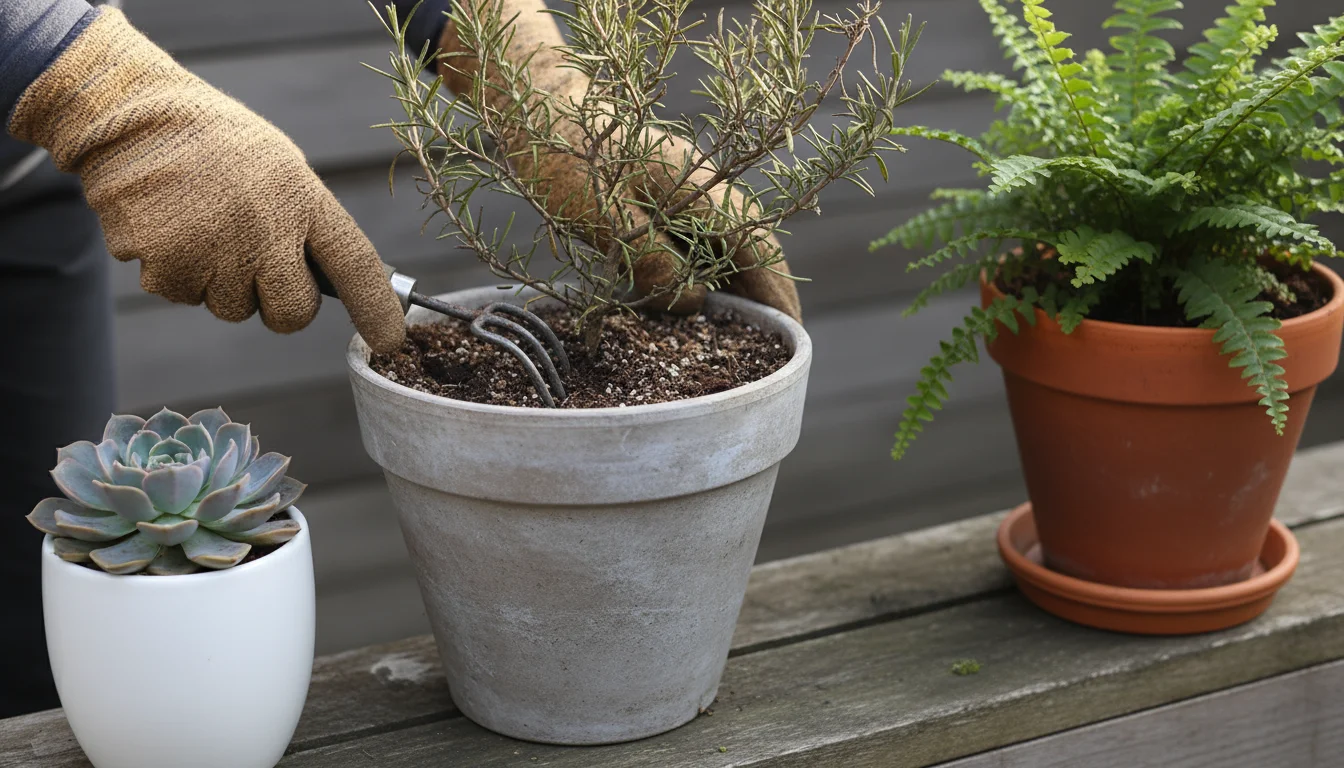 Gardener's hands gently aerate soil around a potted rosemary. A succulent and fern are nearby on a patio ledge.