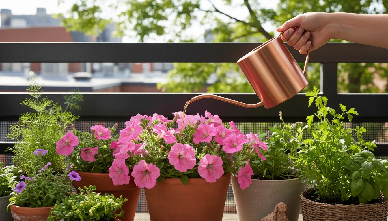A gardener's hands apply liquid fertilizer to a vibrant petunia plant in a terracotta pot on a sun-dappled balcony, surrounded by other healthy contai