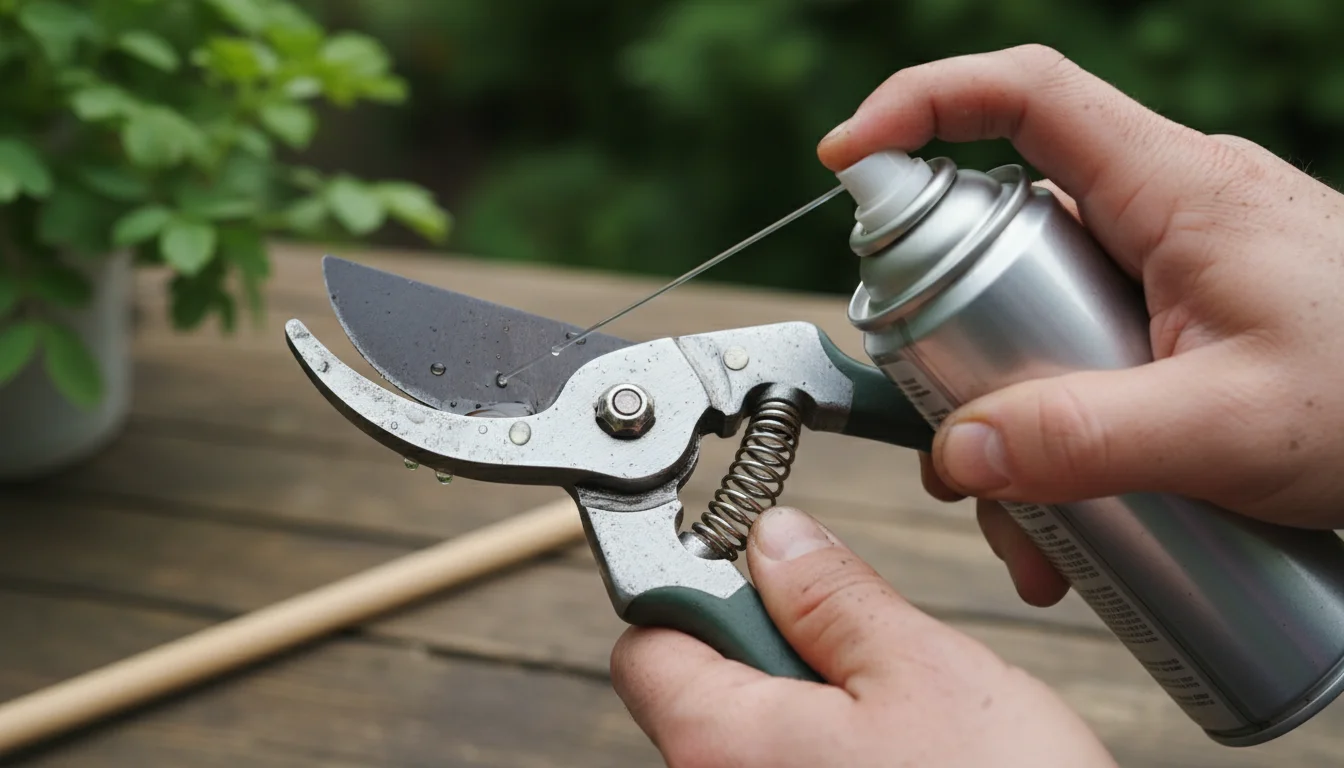 A gardener's hands apply penetrating oil to the pivot point of bypass pruners on a wooden surface, with a container plant blurred in the background.