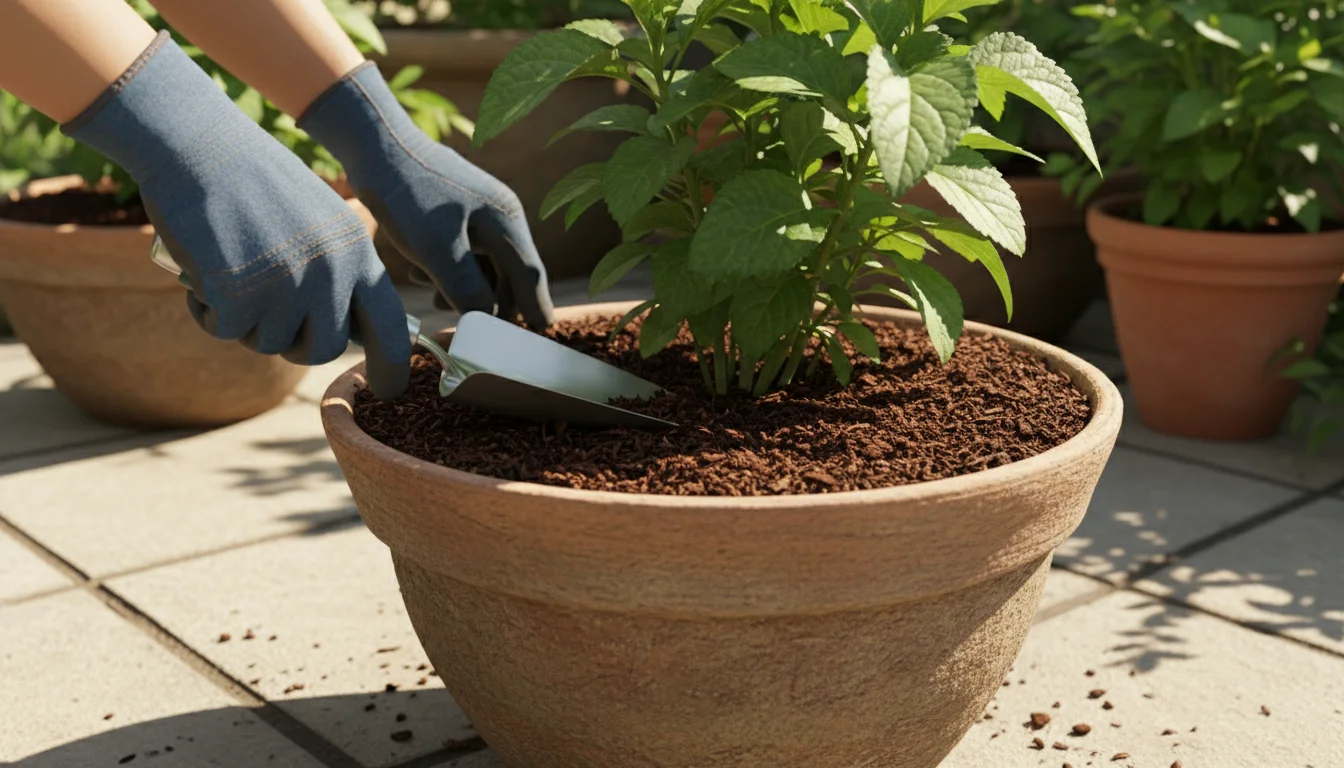 Gardener's hands applying organic mulch around a leafy plant in a terracotta pot on a patio, forming a donut shape away from the stem.