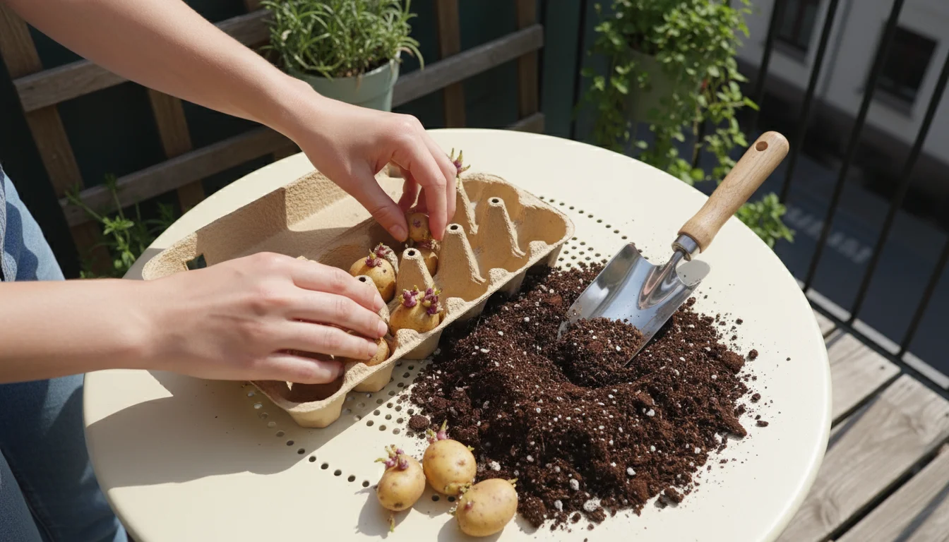 Gardener's hands arranging chitted seed potatoes in an egg carton next to a small tub of potting soil on a balcony table.